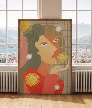 Abstract portrait artwork with geometric forms and gold accents