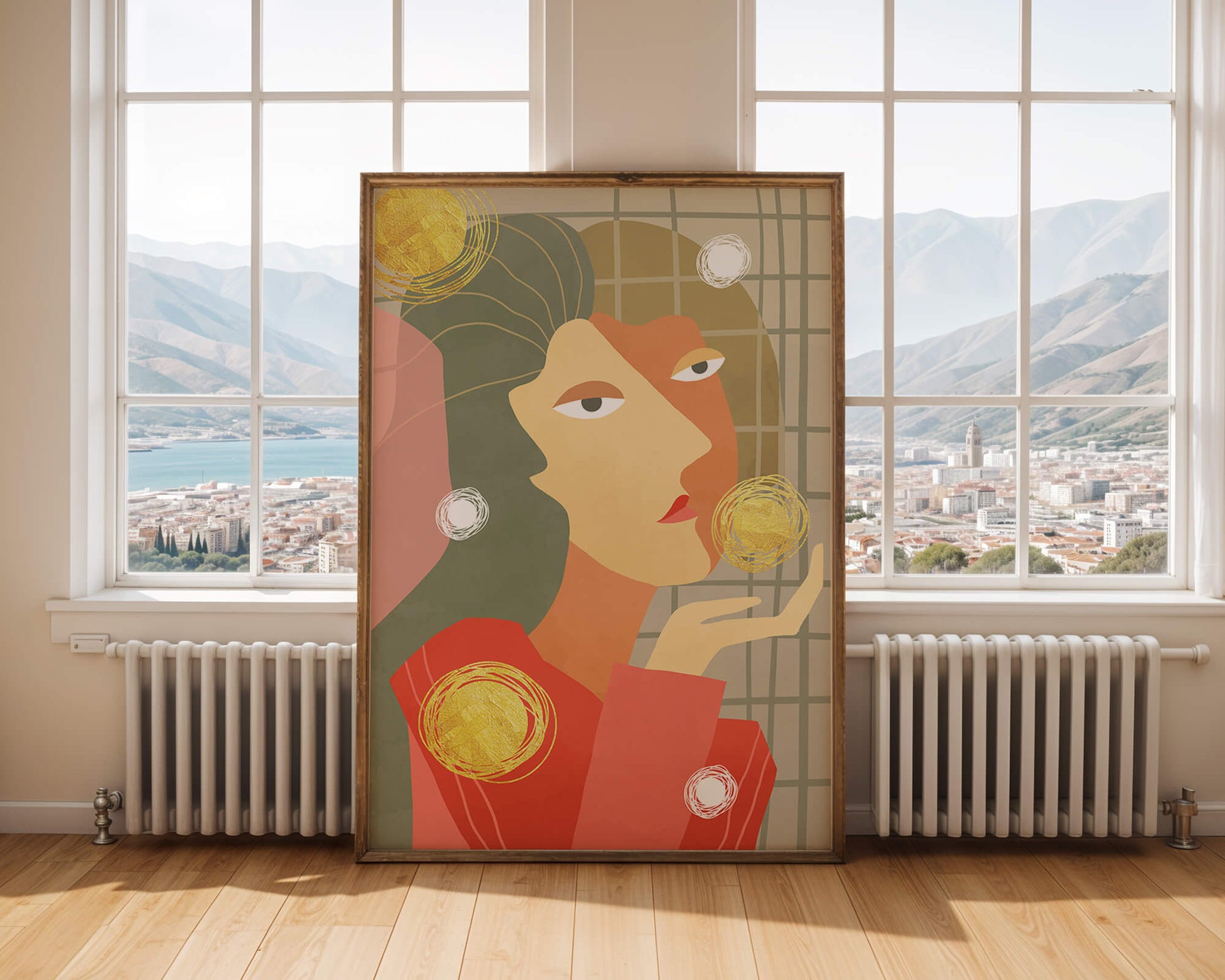 Abstract portrait artwork with geometric forms and gold accents