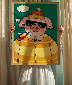 Cerdo elegante con gafas de sol y pipa contra un cielo turquesa