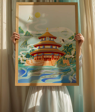 Alter chinesischer Pavillon am Wasser mit Kranichen und Bergen