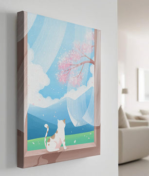 Serene scene with cat gazing out at cherry blossoms through window