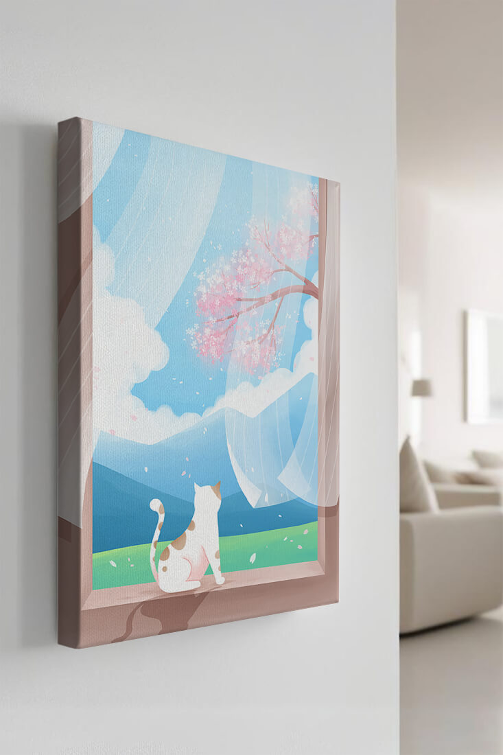 Serene scene with cat gazing out at cherry blossoms through window