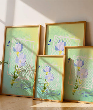Ilustración floral delicada con colores pastel y lunares