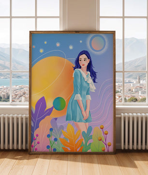 Ilustración de fantasía de una mujer en un jardín cósmico con colores vibrantes