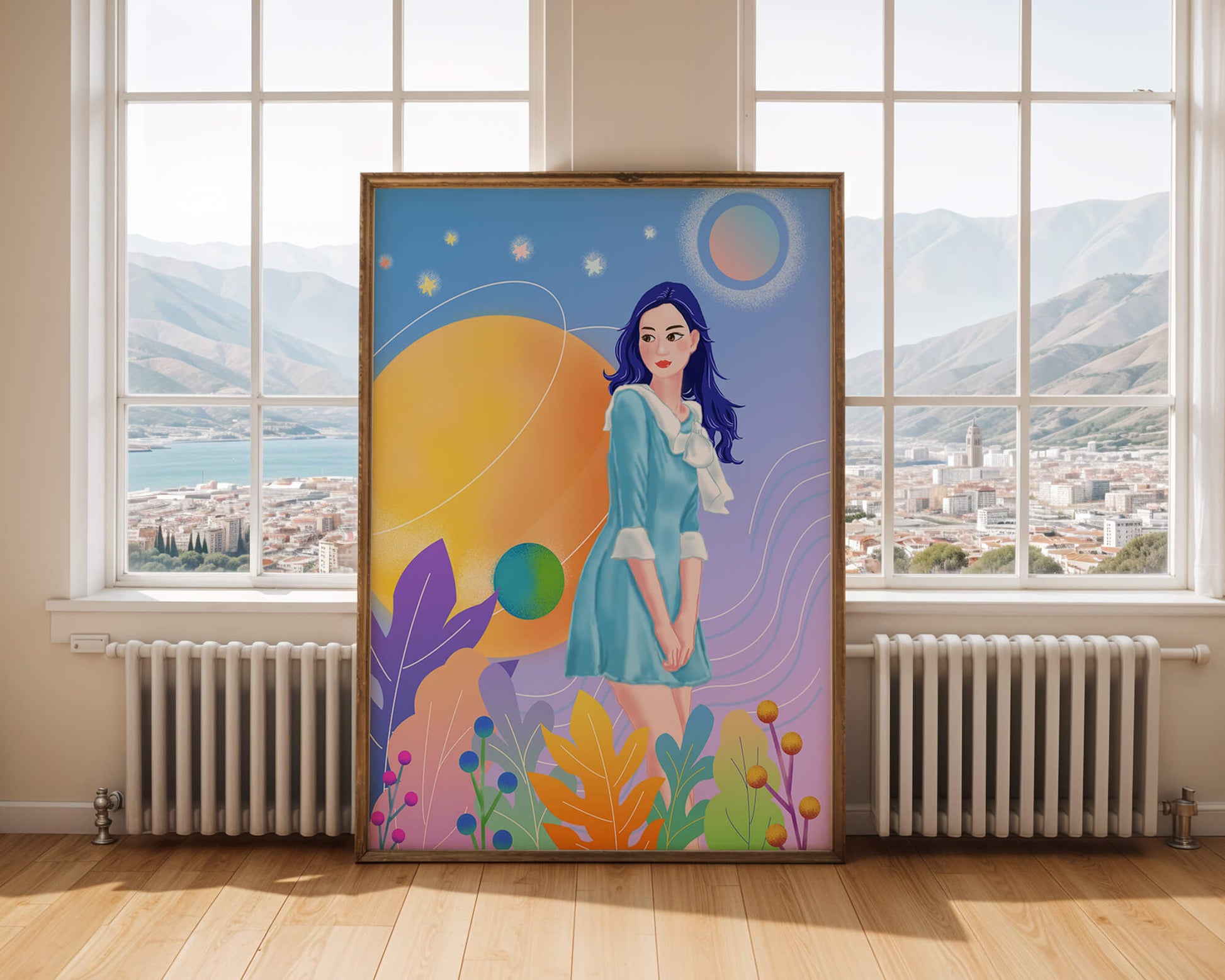 Ilustración de fantasía de una mujer en un jardín cósmico con colores vibrantes