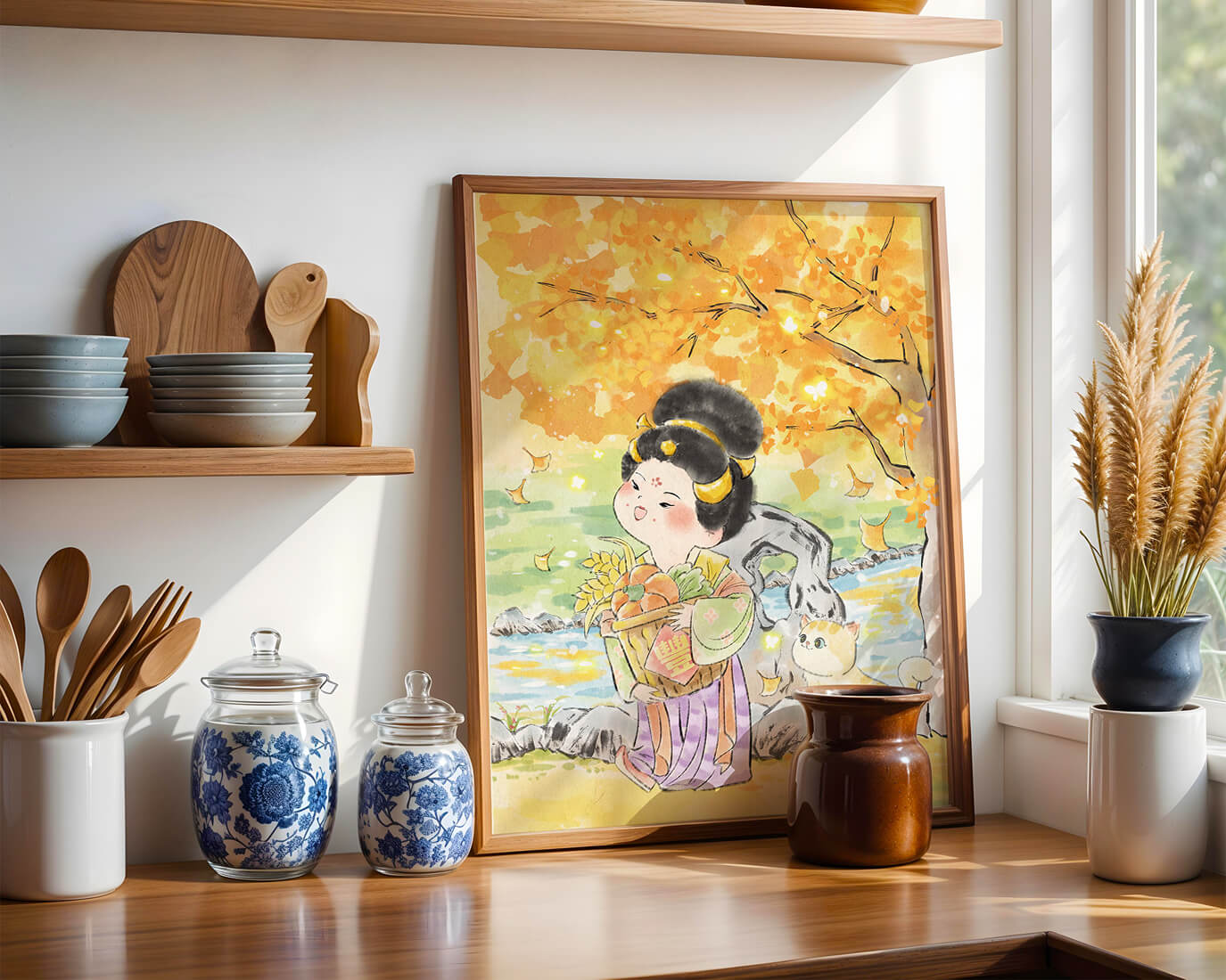 Charming watercolor scene of girl with basket in autumn setting
