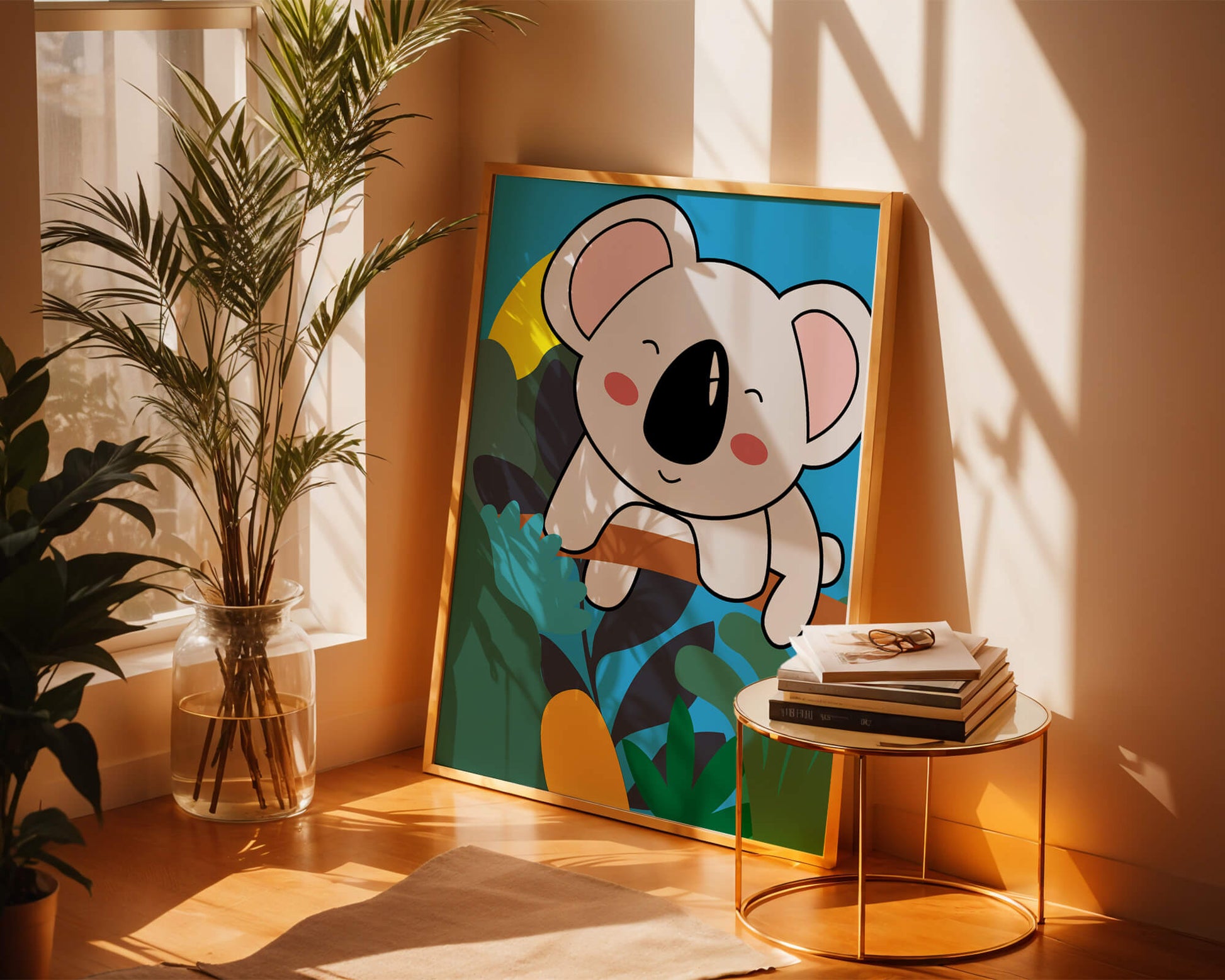 Charming illustrated koala on a branch with vibrant background