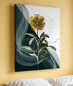 Abstract floral design featuring a golden flower with textured leaves