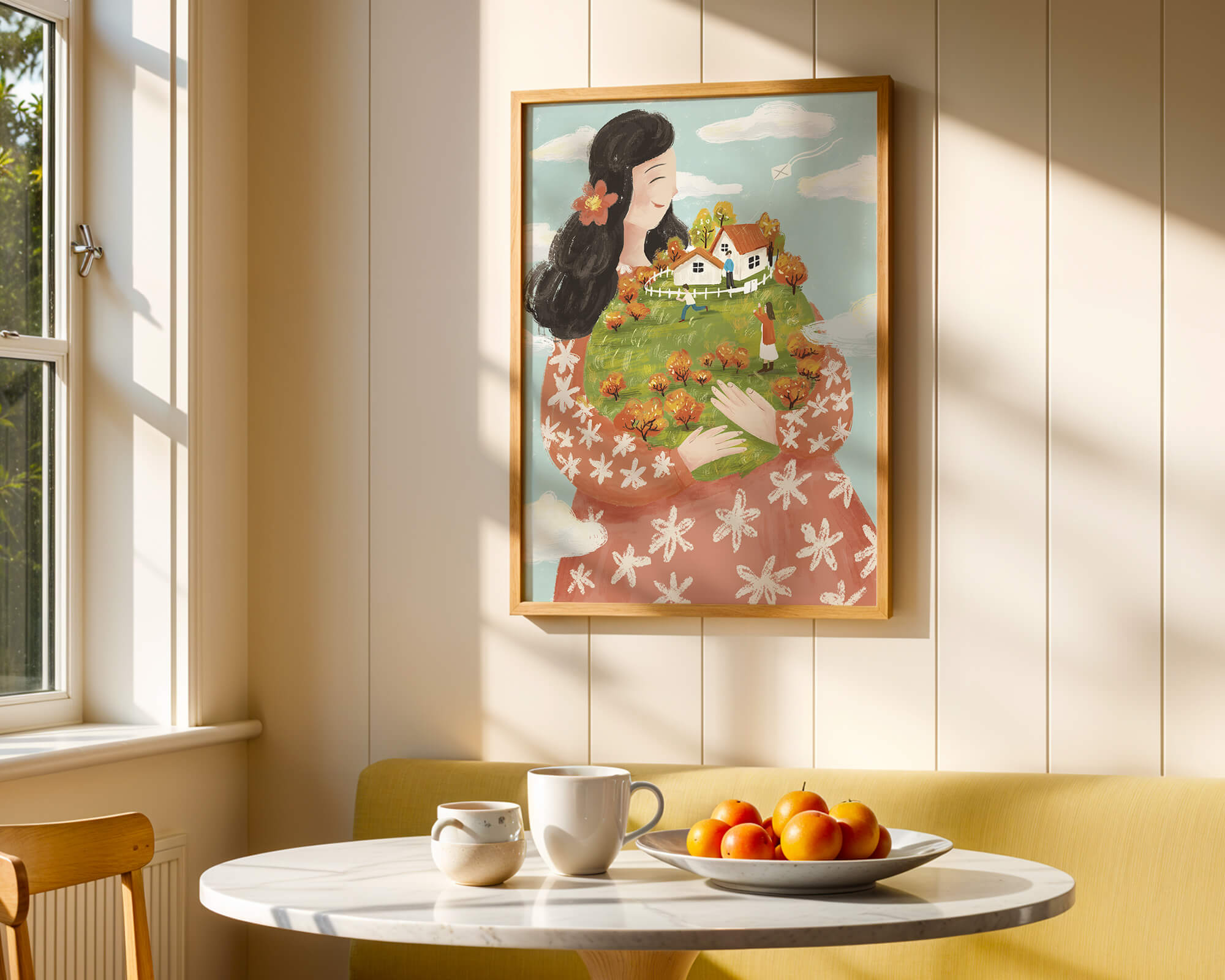 Whimsical Woman Holding Miniature Landscape with Family and Houses