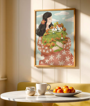 Femme fantaisiste tenant un paysage miniature avec famille et maisons