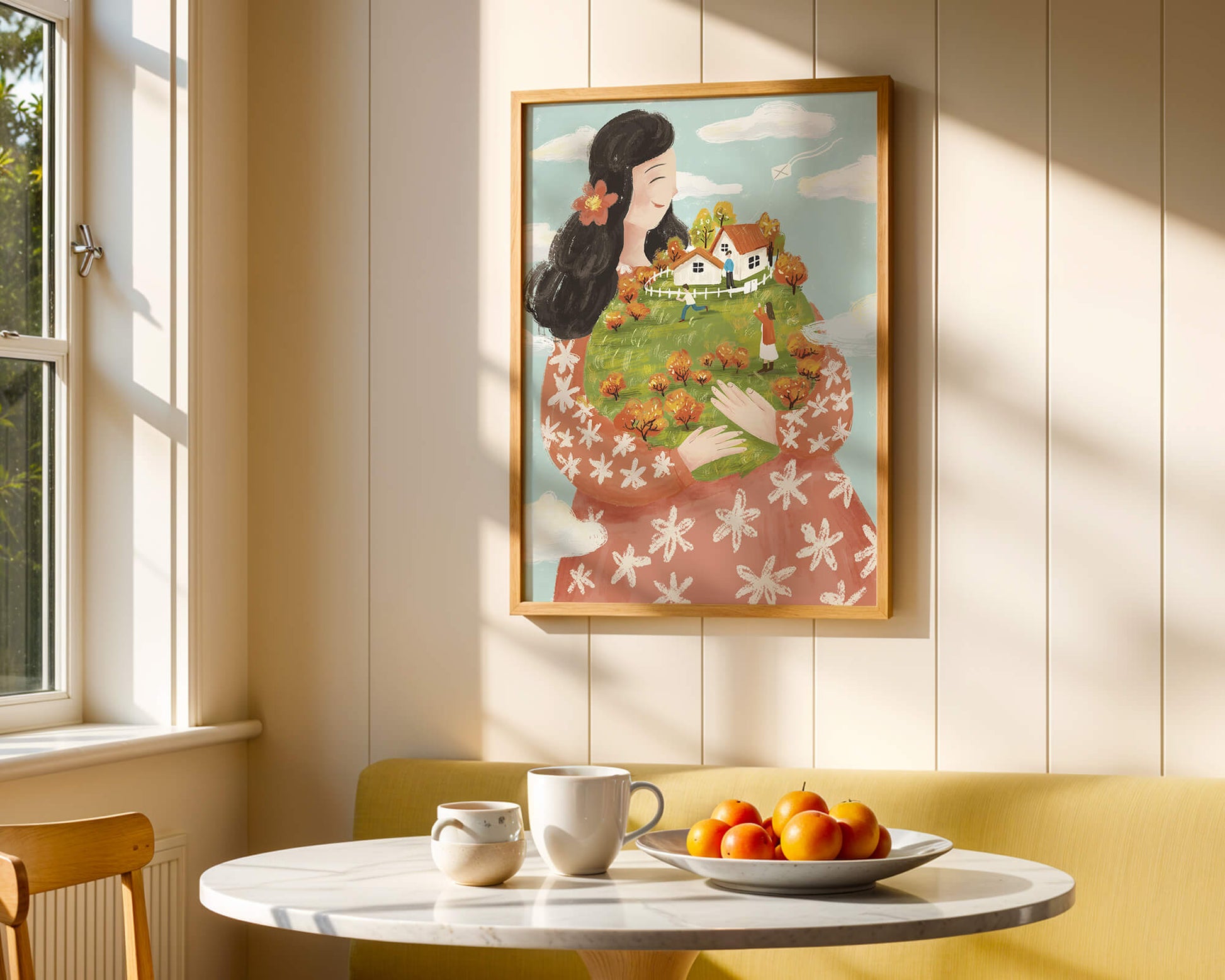 Whimsical Woman Holding Miniature Landscape with Family and Houses
