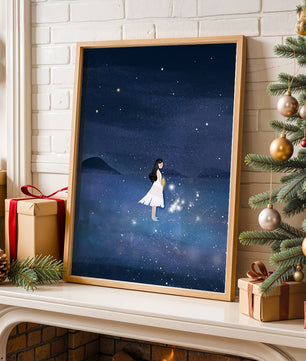 Niña en vestido blanco mirando al cielo estrellado