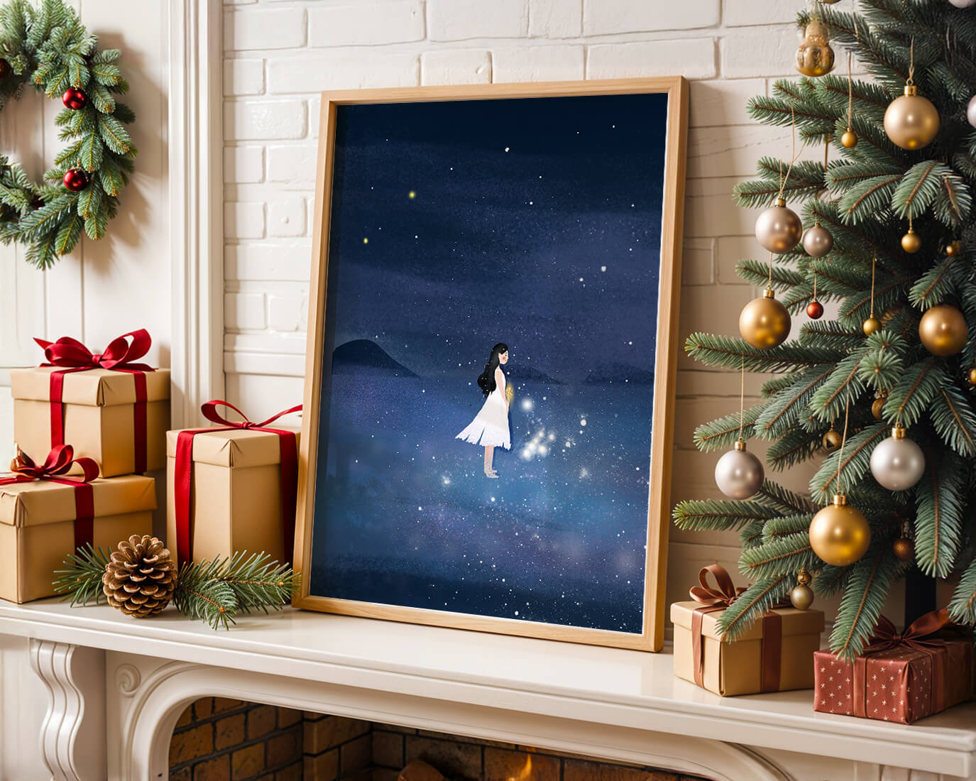 Girl in White Dress Gazing at Starry Night Sky