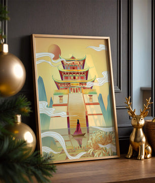 Ancient temple with serene landscape and vibrant colors artwork