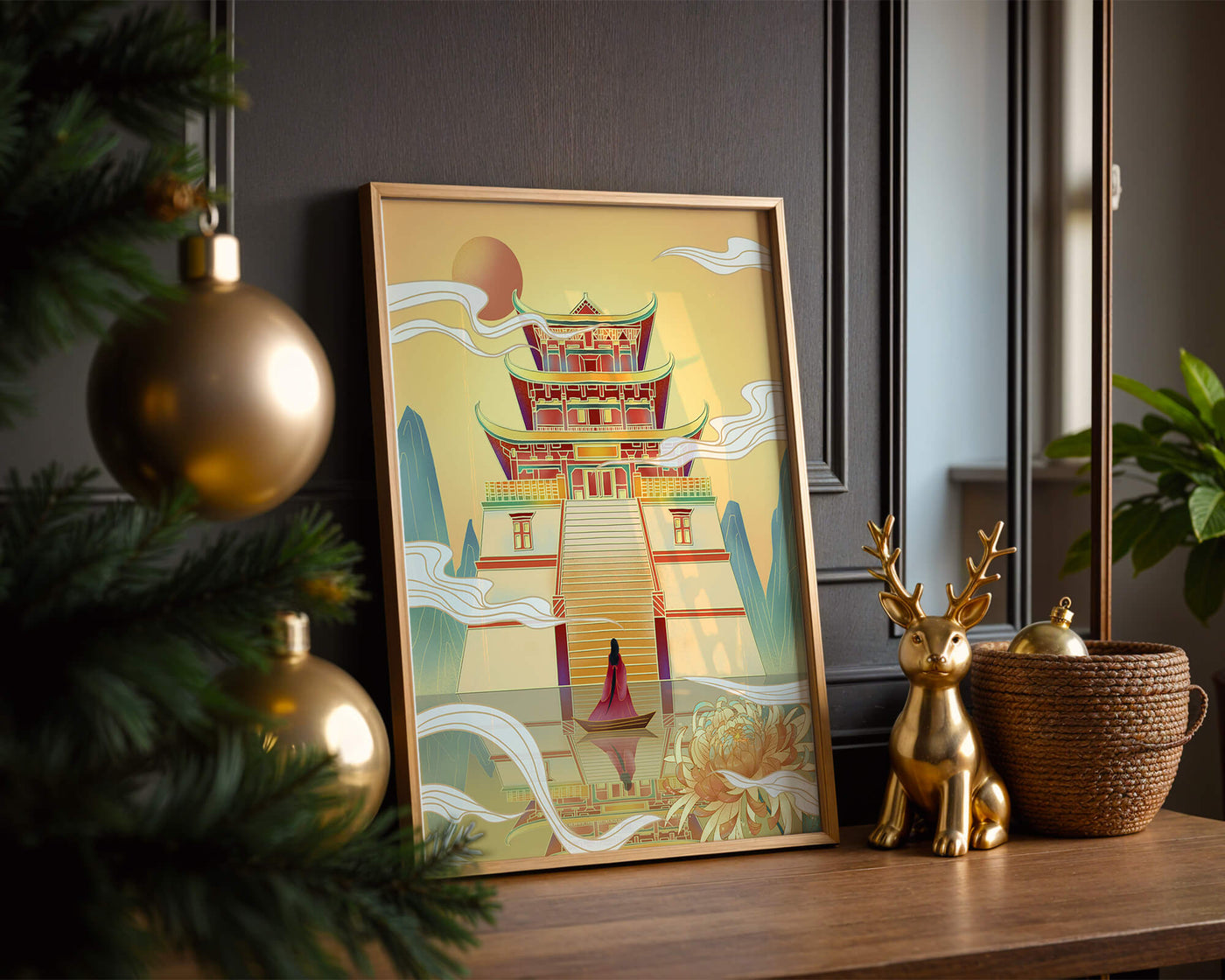 Ancient temple with serene landscape and vibrant colors artwork