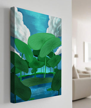 Serene landscape with lush green leaves and blue horizon