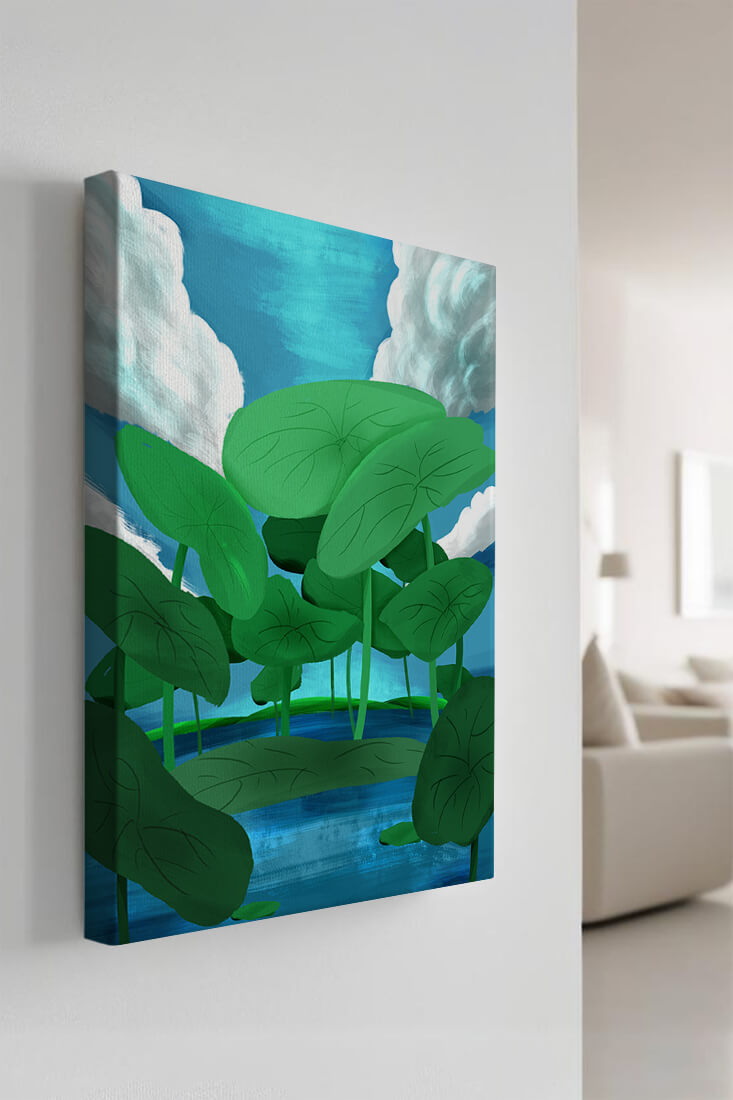 Serene landscape with lush green leaves and blue horizon