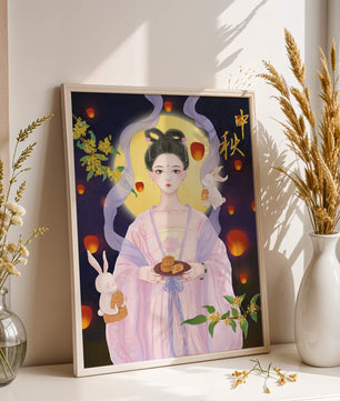Mid-Autumn Festival Illustration with Moon Goddess and Rabbits