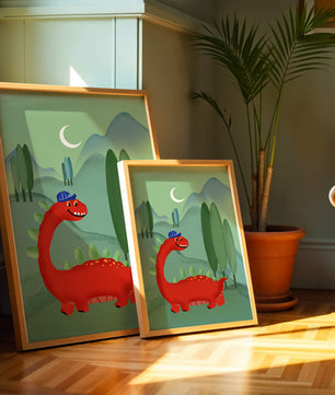 Whimsical red dinosaur in a serene nighttime forest