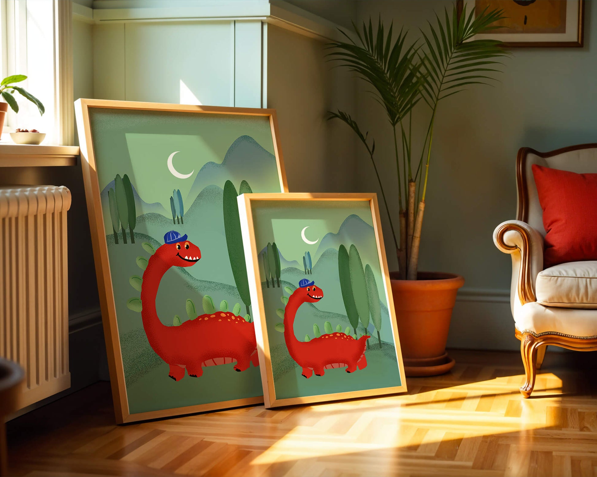 Whimsical red dinosaur in a serene nighttime forest