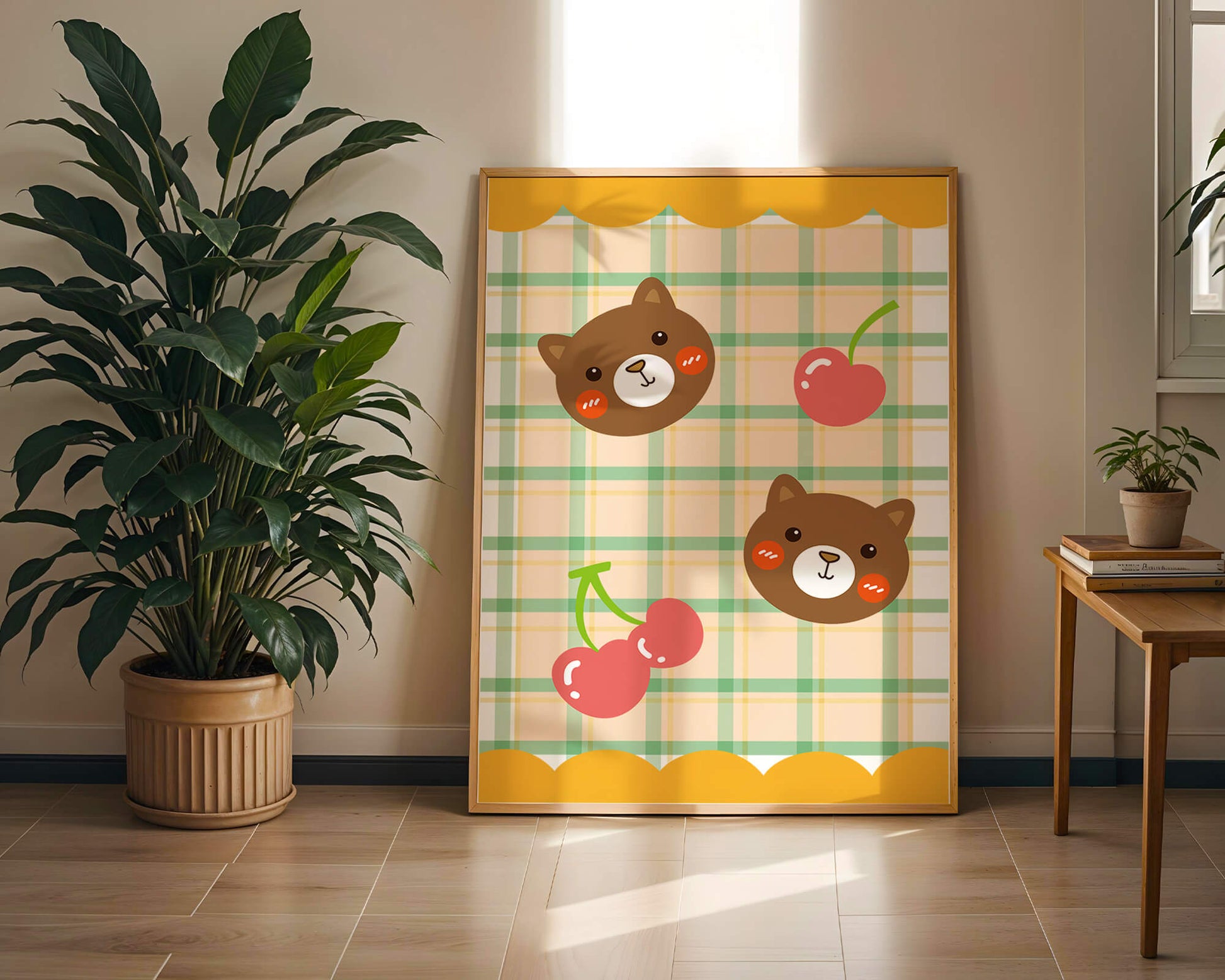 Playful bear and cherry pattern with plaid background