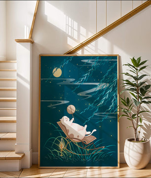 Adorable ilustración de un gato relajándose en un jardín iluminado por la luna con linterna