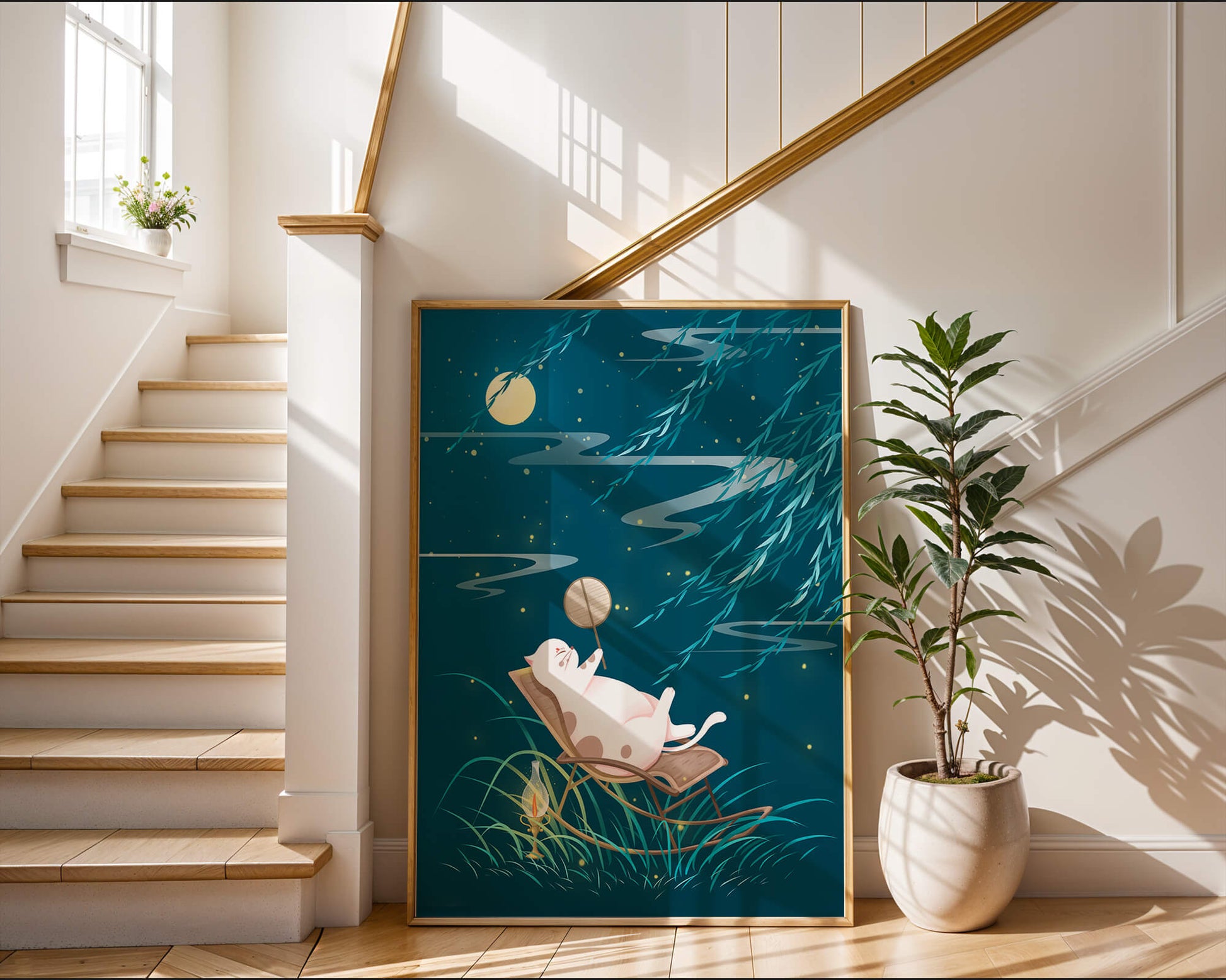 Adorable ilustración de un gato relajándose en un jardín iluminado por la luna con linterna