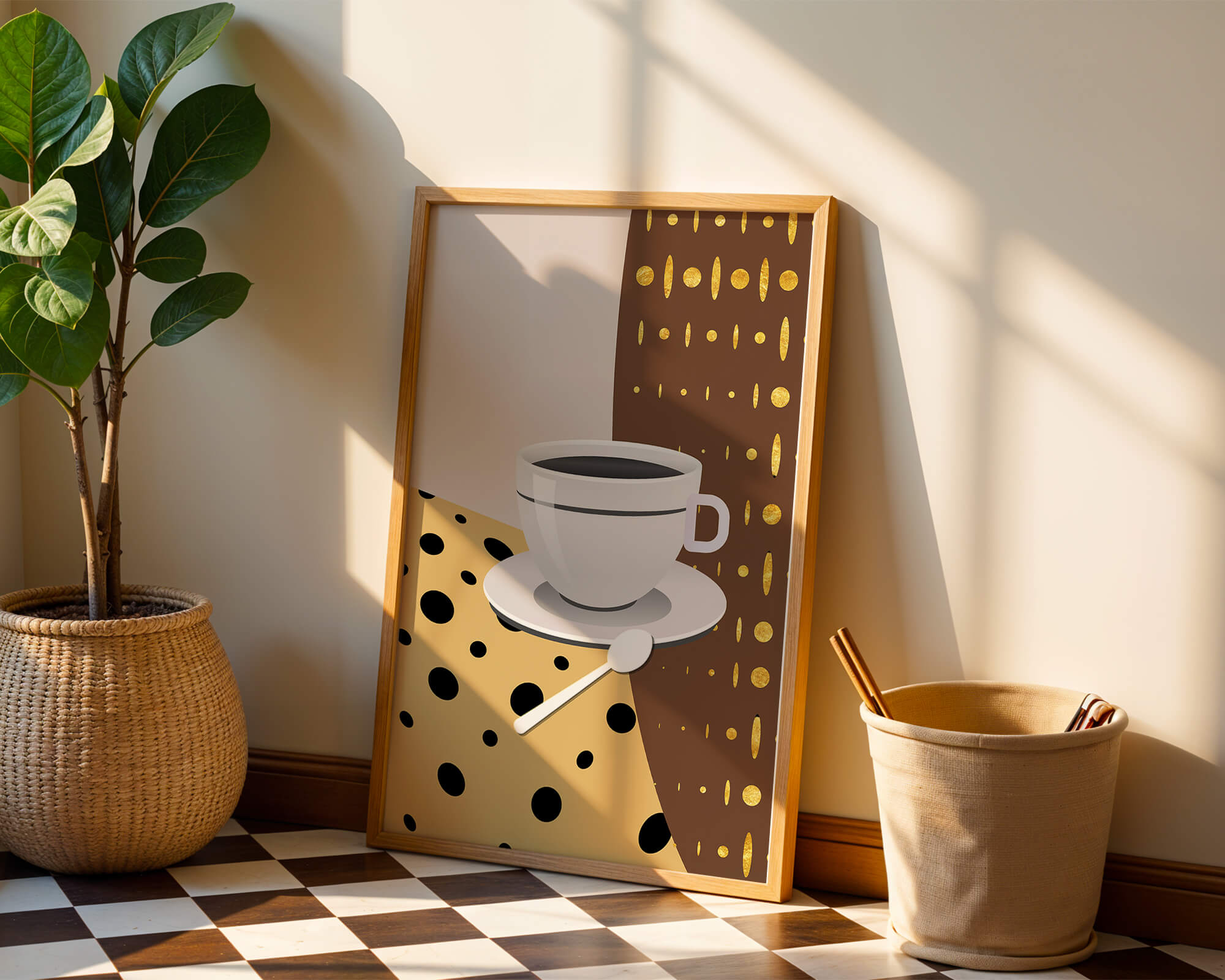 Contemporary Coffee Art with Geometric Patterns and Gold Accents - Mi tienda