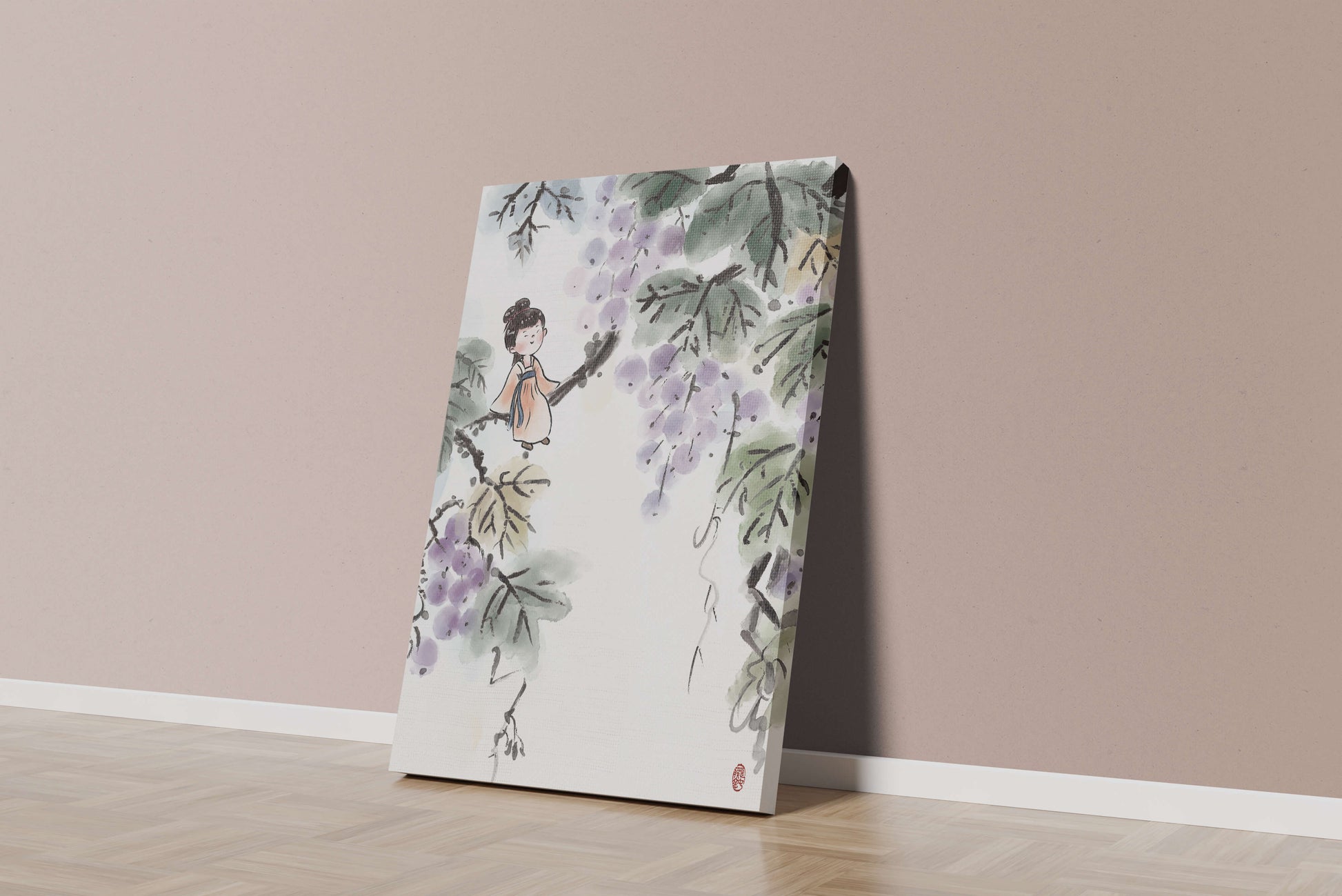 Una chica caprichosa sentada en una rama con bayas moradas y hojas verdes en estilo acuarela