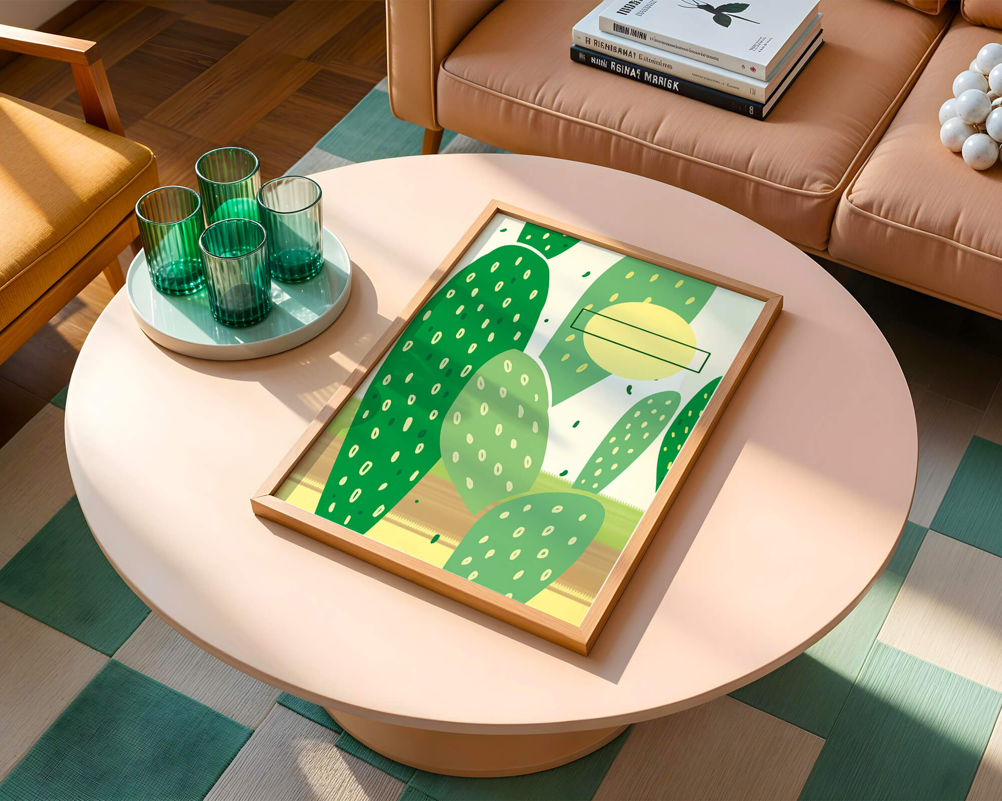 Abstract cactus art with green and yellow elements