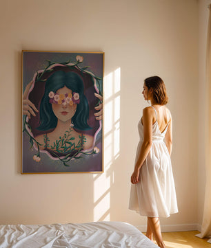 Portrait enchanteur d'une femme aux yeux floraux et aux cheveux noirs