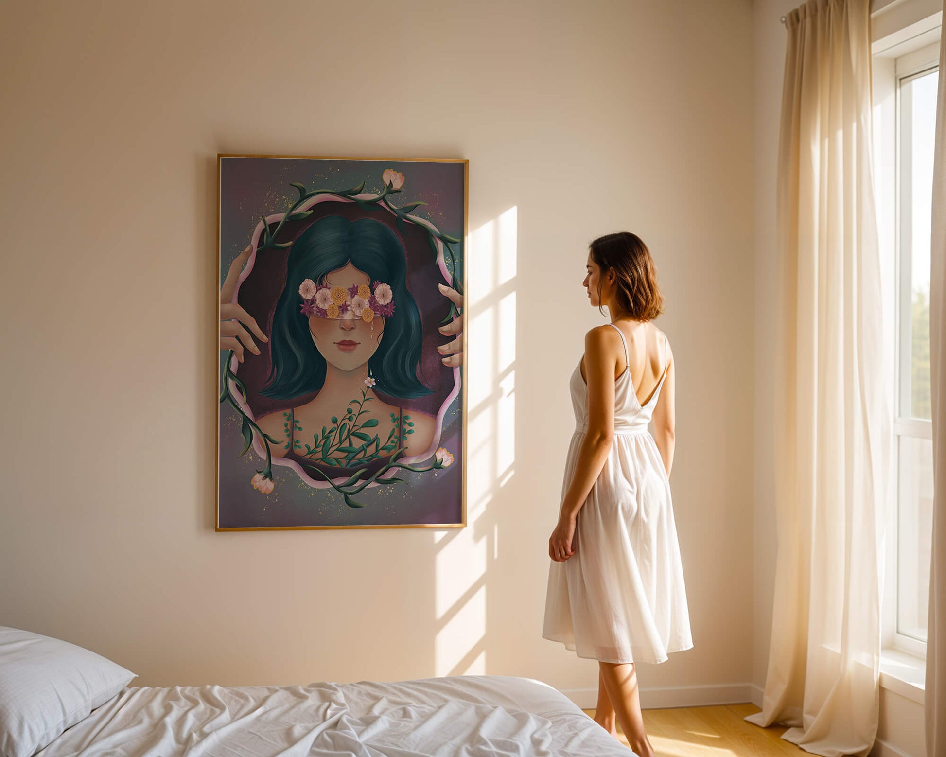 Retrato encantador de una mujer con ojos florales y cabello oscuro