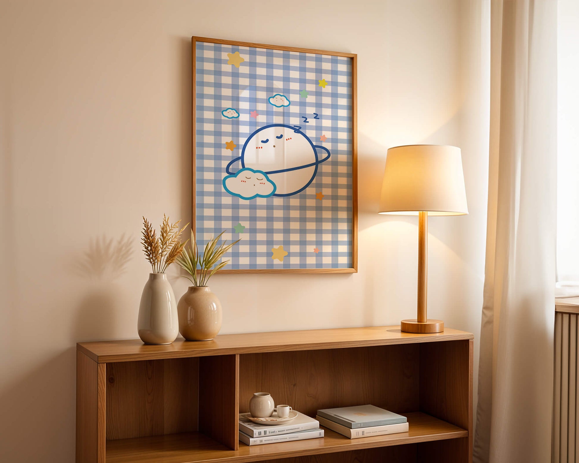 Whimsical sleep theme with planets and clouds on a checkered background