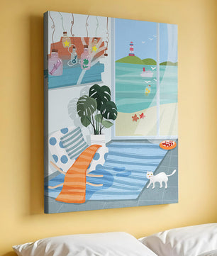 Habitación acogedora con vista al mar y faro a través de la ventana