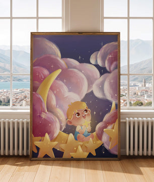 Escena encantadora del cielo nocturno para niños con un niño en una luna creciente