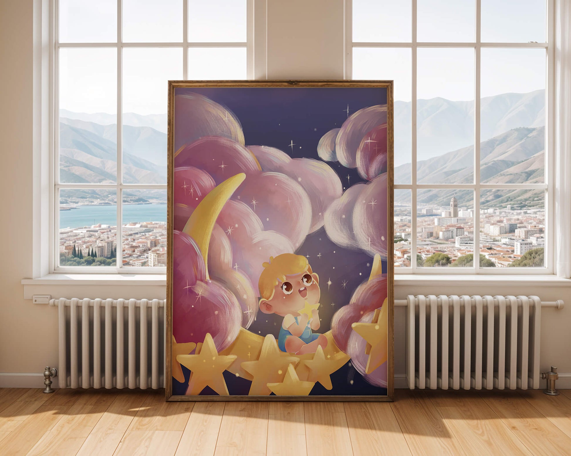 Escena encantadora del cielo nocturno para niños con un niño en una luna creciente