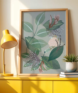 Floral botanical pattern with green leaves and delicate flowers
