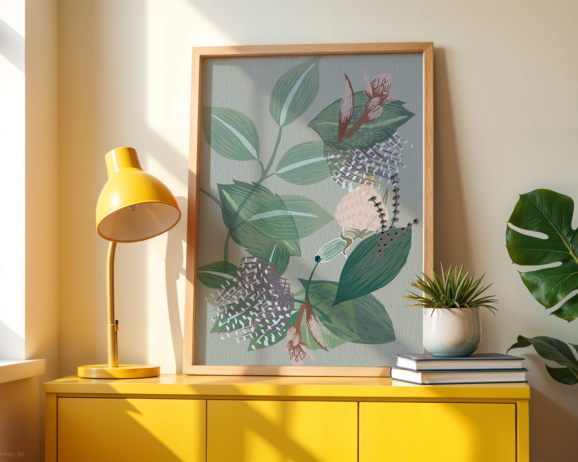 Floral botanical pattern with green leaves and delicate flowers