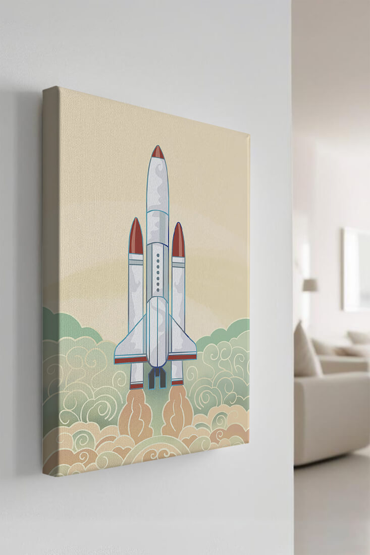 Colorful rocket launch from vintage-style clouds