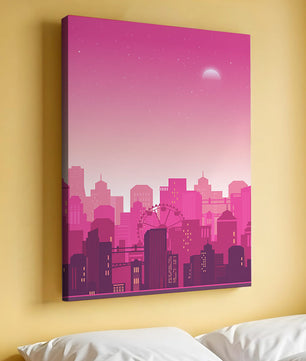 Skyline urbano al anochecer con degradado rosa y noria