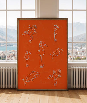 Geometrische Tiermuster auf leuchtend orangefarbenem Hintergrund