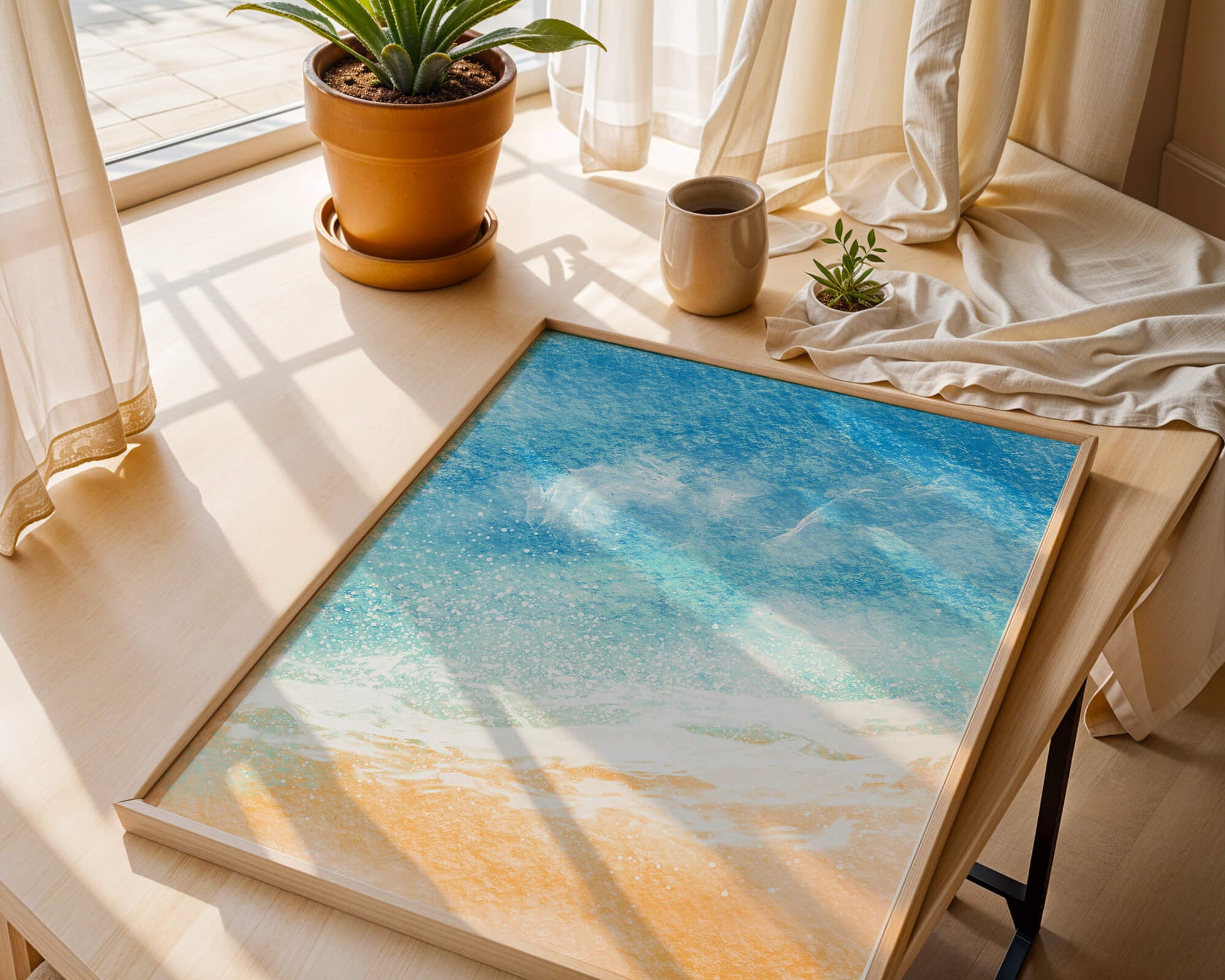 Abstract Ocean Waves with Blue and Sand Tones