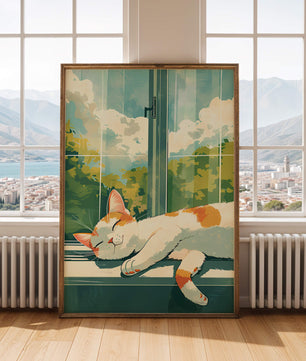 Peaceful Cat Napping by the Window with Sunlit Garden View - Mi tienda