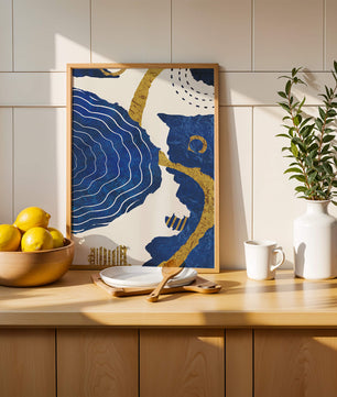 Abstract blue and gold textured artwork with wave patterns