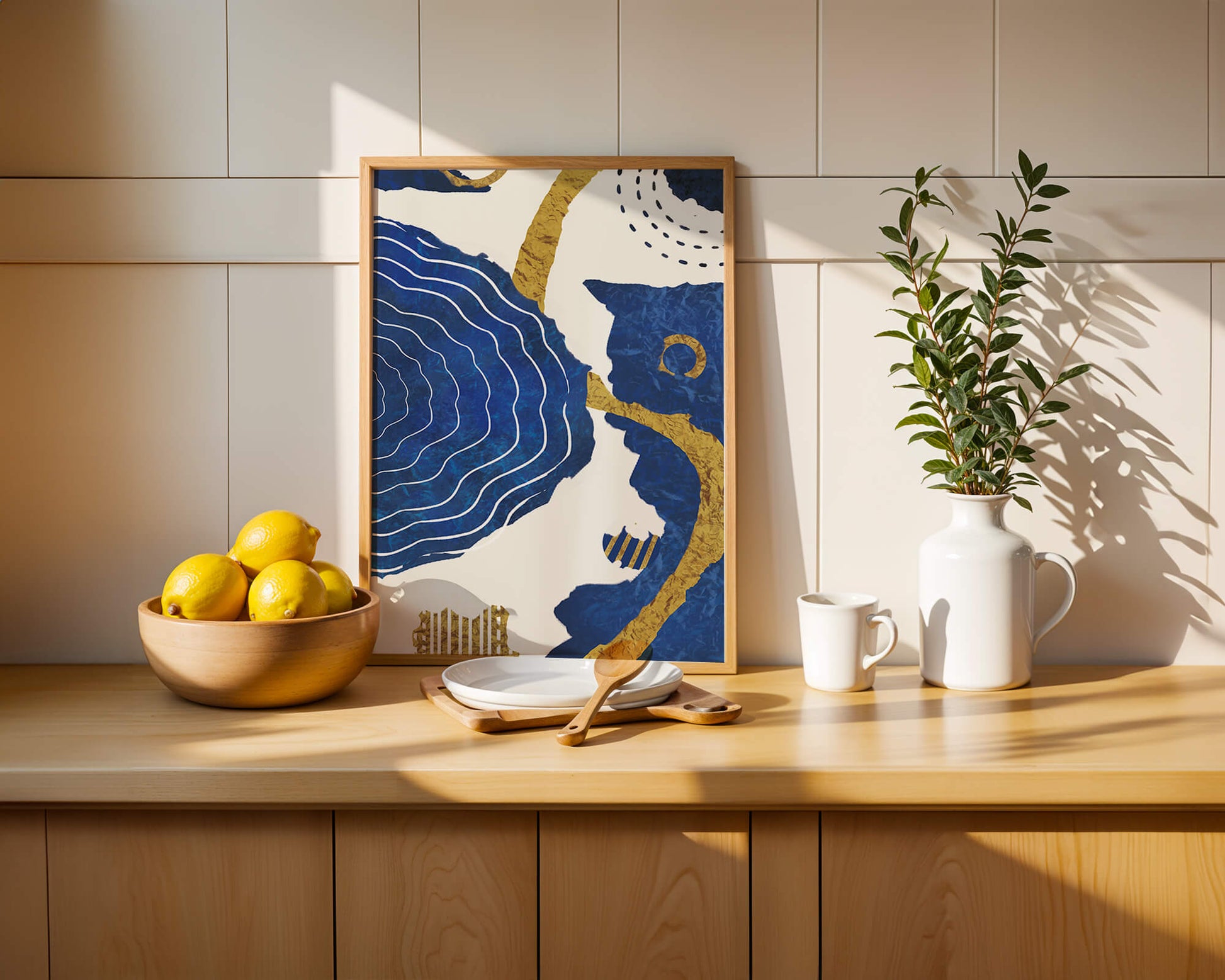 Abstract blue and gold textured artwork with wave patterns
