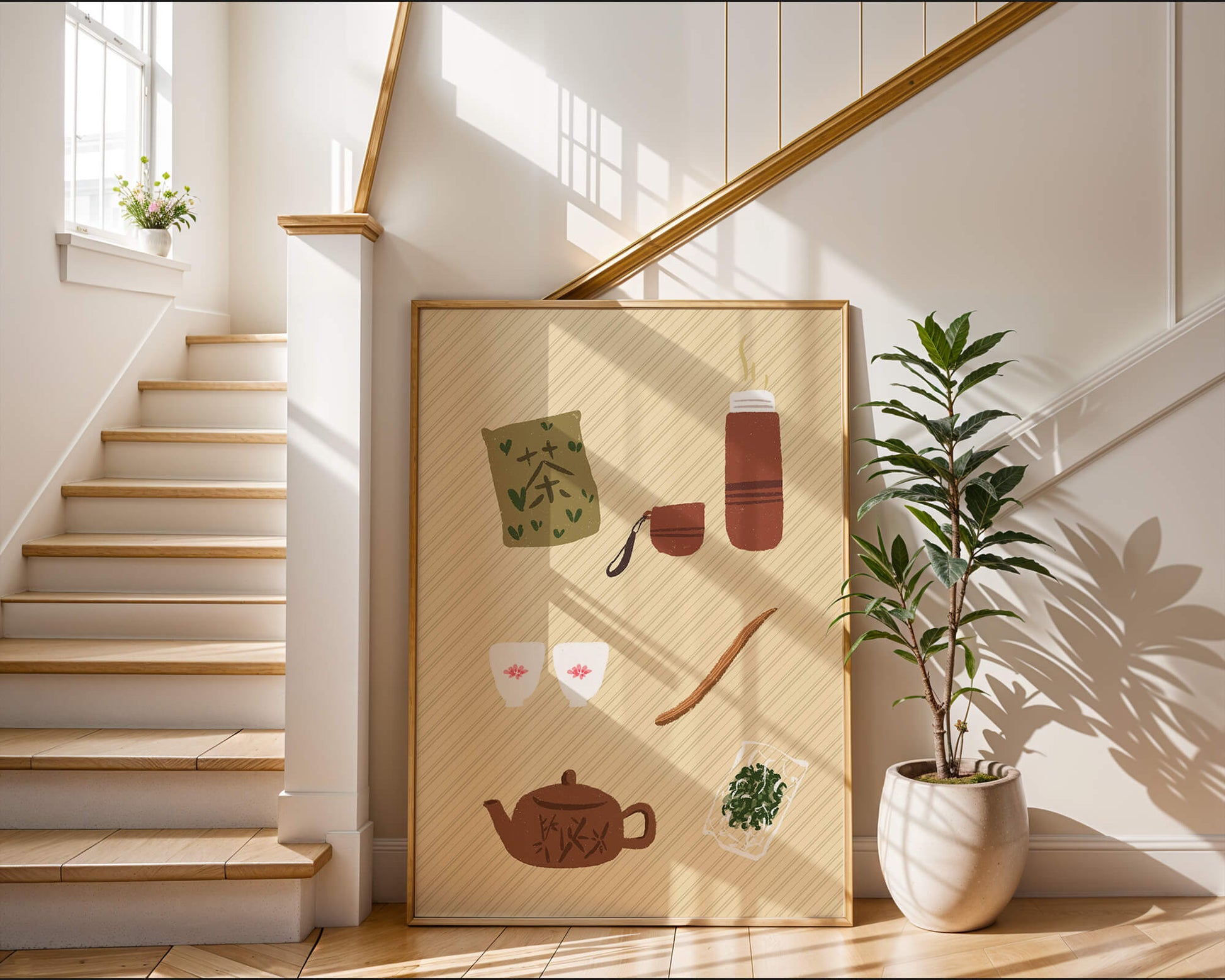 Illustración de un juego de té tradicional con hojas de té y accesorios
