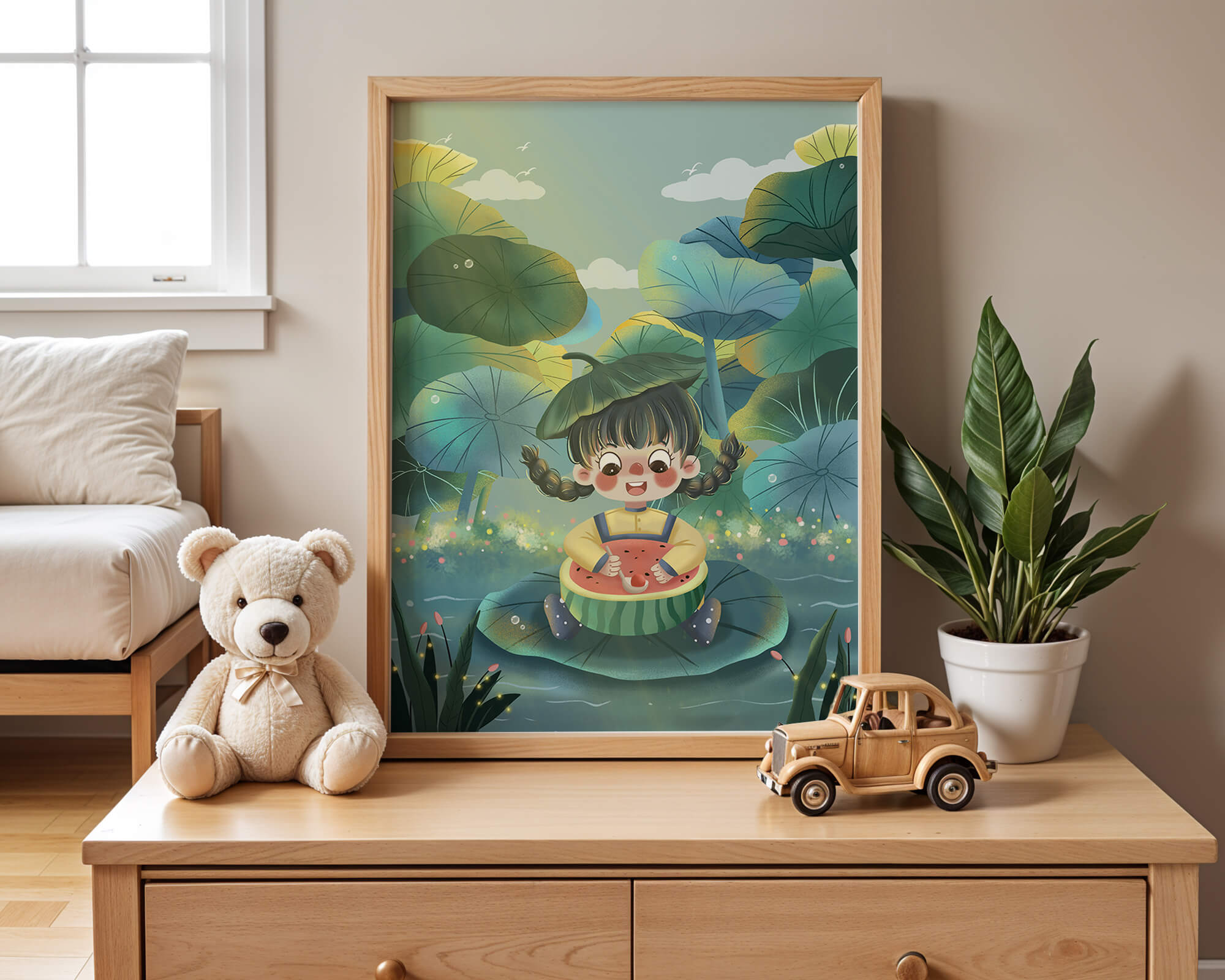Charming illustration of a child enjoying watermelon amidst whimsical nature