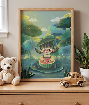 Charming illustration of a child enjoying watermelon amidst whimsical nature