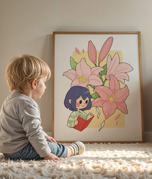 Illustration d'une fille lisant avec de grands lys roses en arrière-plan