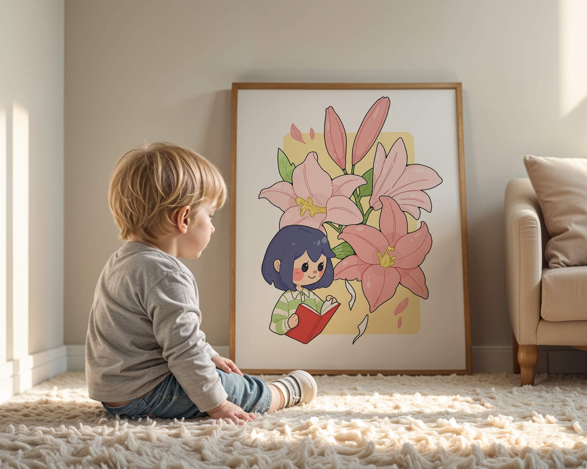 Illustration of a girl reading with large pink lilies in the background